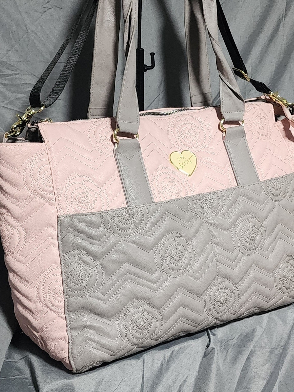 Betsey Johnson Pink & Grey Rose Stitch Tote Baby Diaper Bag Large Purse